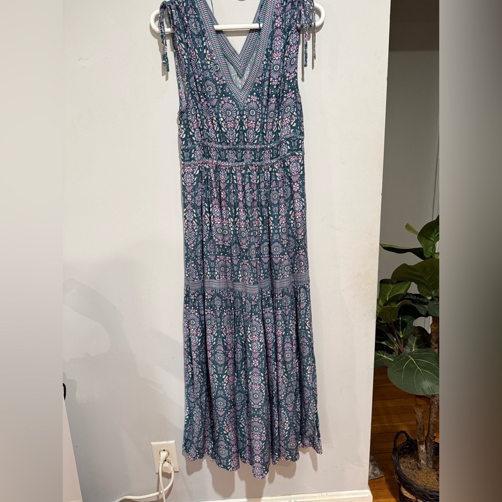 Joie Sleeveless V-Neck Bohemian Maxi Dress in Teal and Pink